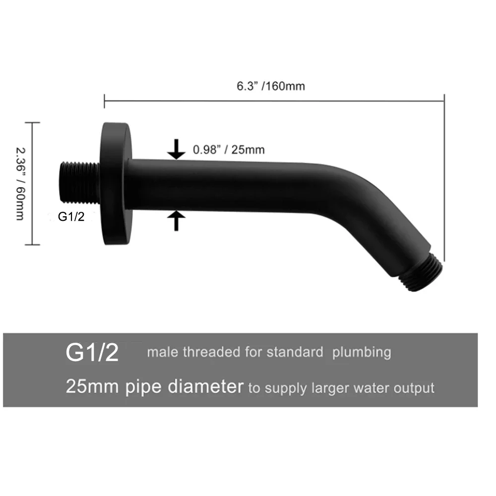 6 Inch Shower Arm and Flange - Solid Brass Wall Mounted Shower Arm Replacement for Fixed Shower Head Matte Black