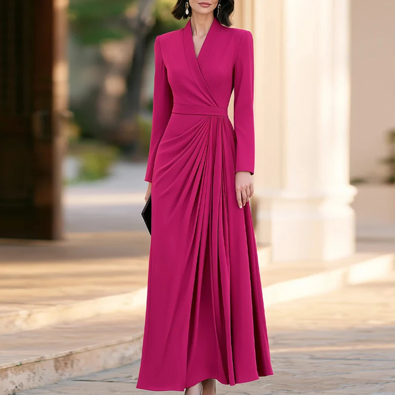 Autumn V Neck Long Sleeved Commuting Dress Casual Pleated Patchwork Formal Dress Lady Elegant High Waist Solid Color Maxi Dress