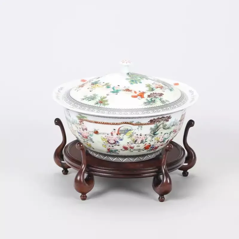 Red wood carving swan Shape Bonsai Pot Vase base solid wooden circular jade stone base of ceramic furnishing article
