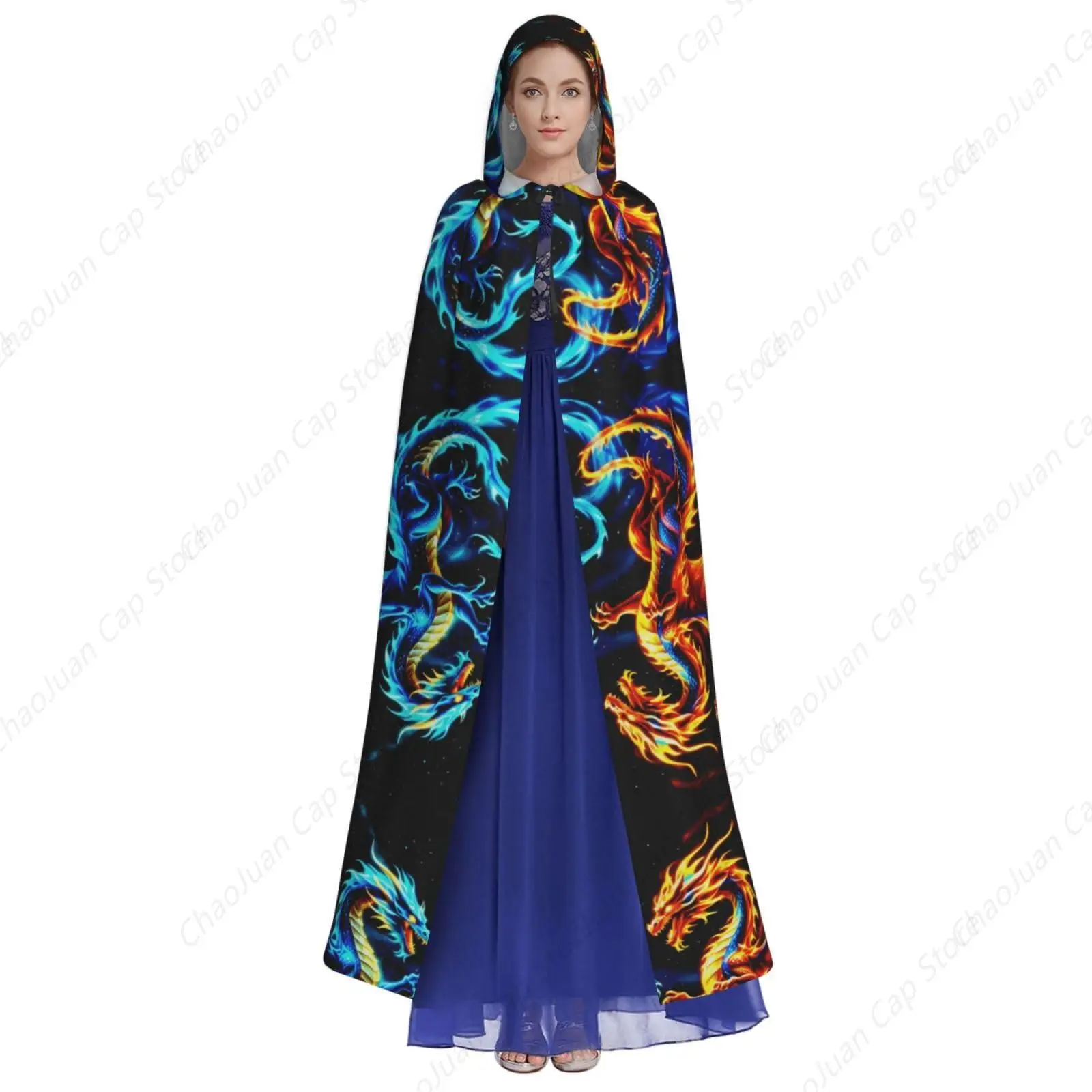 Fire and Ice Dragon Role Play Cloaks Costume, Full Length Hoodie Dress Cloak Tunic Knights Templar Warrior Cloak for Adult