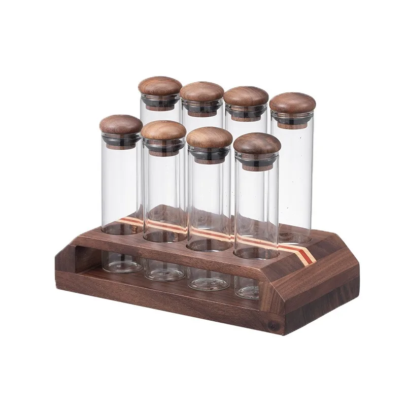 

Solid wood base beech high borosilicate glass one-way air valve portable outdoor sealed storage bean smelling bottle