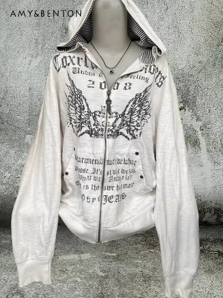 Subculture Punk Style Rock Goth Long Sleeve Hoodies Women Y2k Hot Girl Vintage Print Hoodie High Street Oversized Zip Up Hoodie