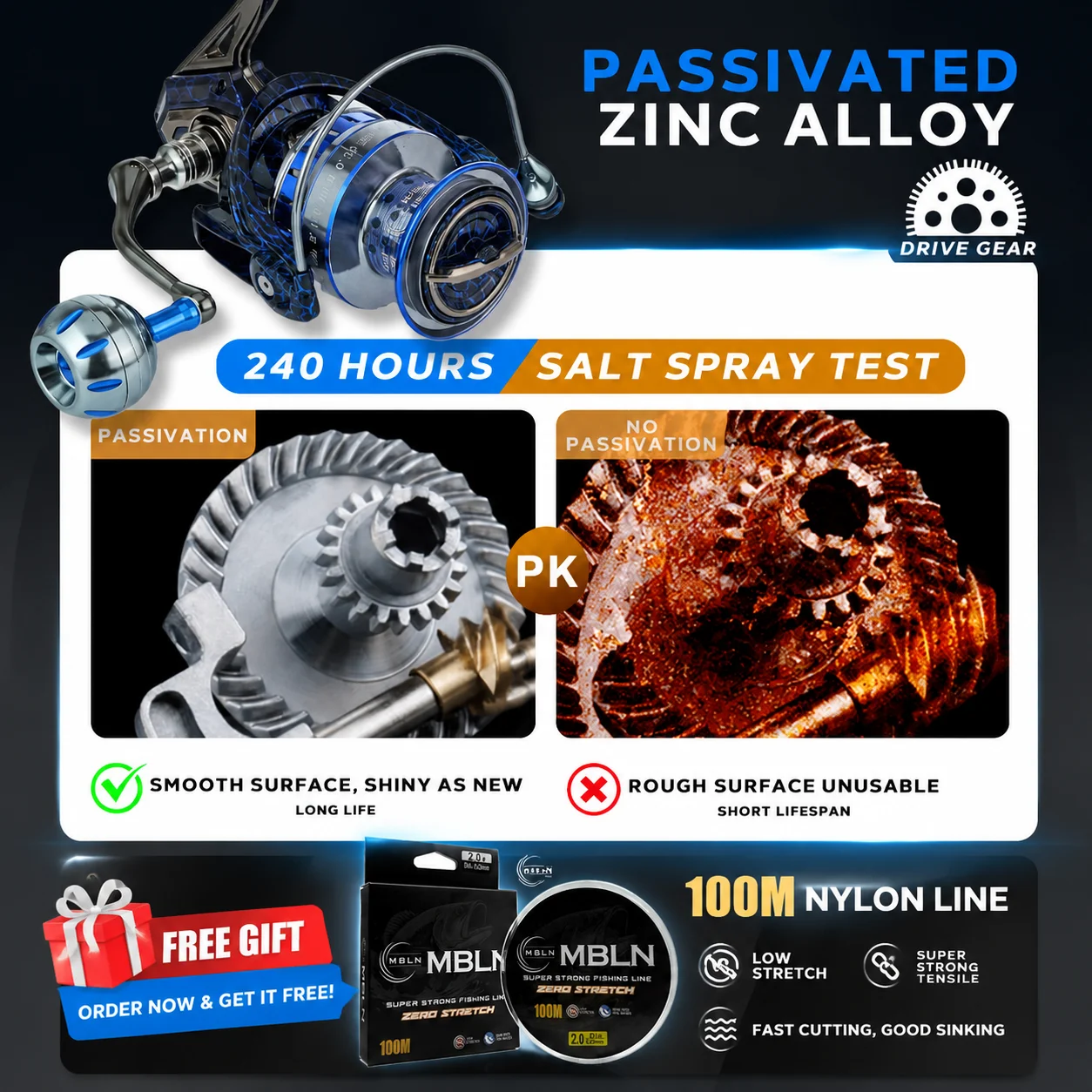 MBLN, 90% Metall-Spinnangelrolle, geeignet für Süß- und Salzwasser, maximale Bremskraft 20 kg, Metallgriff, Spule und Rollenfuß. – Detail 7