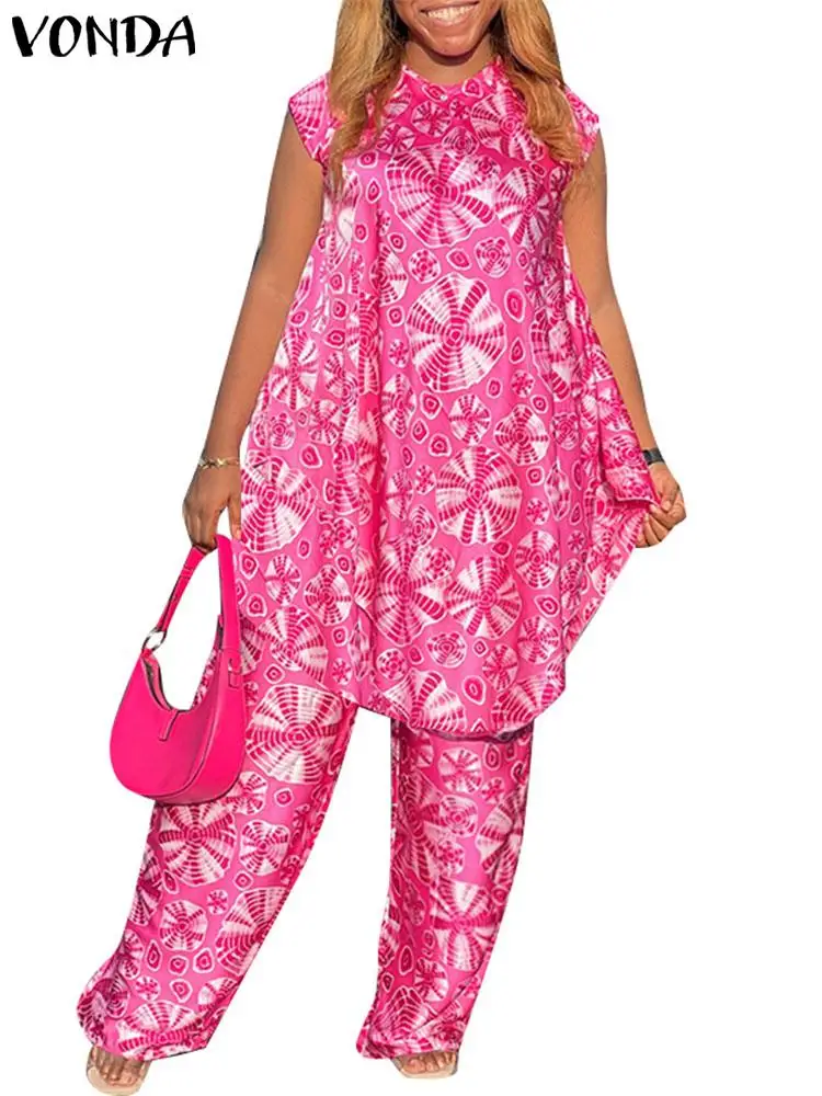 

VONDA Women Sexy Printed Pant Sets 2024 Vintage Suits Elegant Elastic Waist Trousers And Tops Sleeveless Matching Sets 2PCS