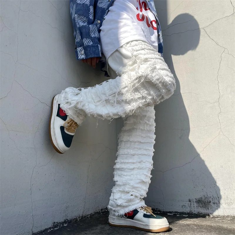 American Street Hip-hop Heavy Industry Ripped Men's Jeans 2023 Spring  Straight Loose Vibe Style Skateboard White Flared Pants