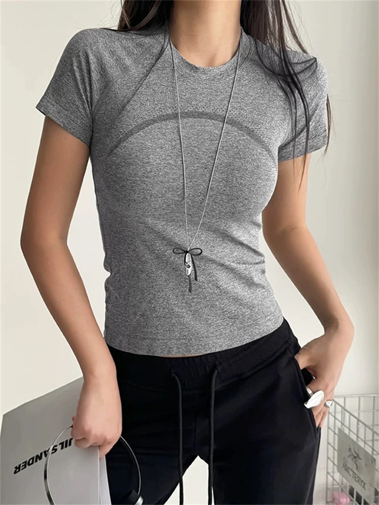 

Женская спортивная футболка Fitn Yoga Clothes с коротким рукавом, облегающая, быстросохнущая, для бега и тренировок, с интегрированной подкладкой