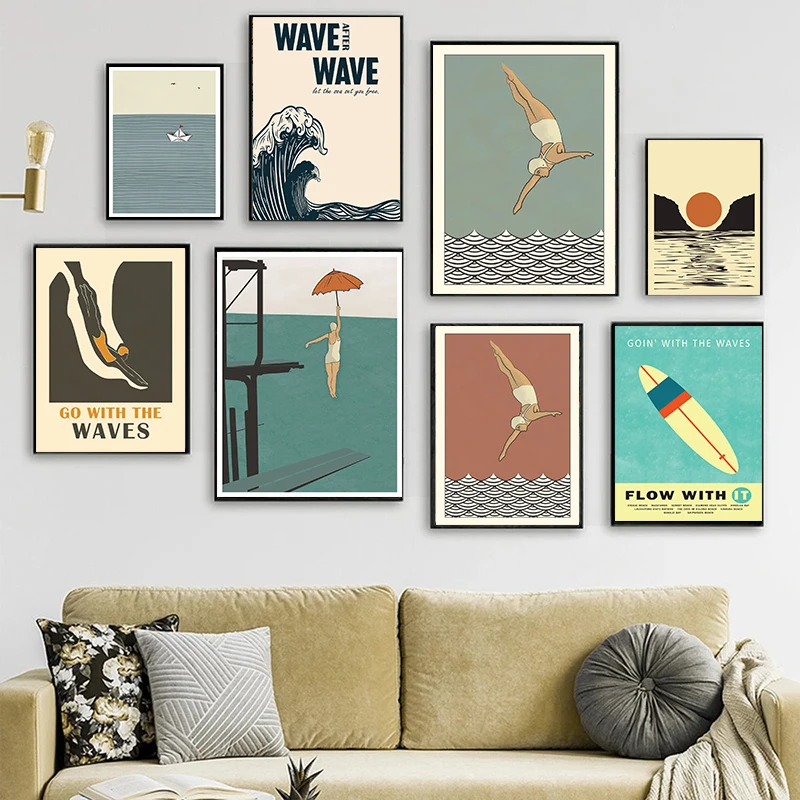 Vintage Maritime Surfing Beach Poster Abstract Female Diver Canvas Painting Swimming Pool Wall Art Picture for Room Home Decor