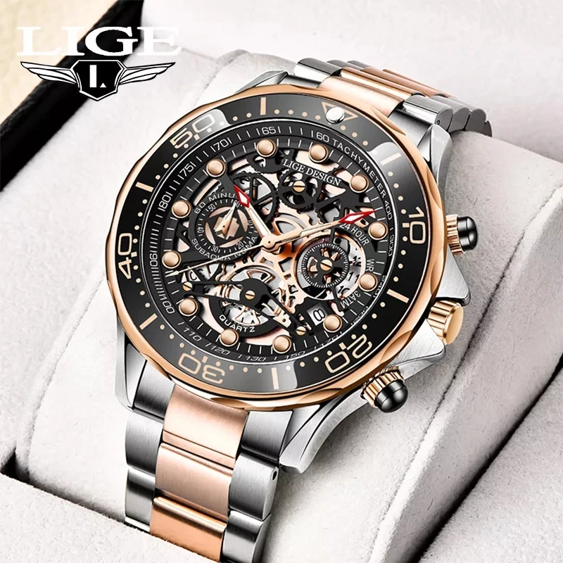 

LIGE Watches Men Big Dial Clock Top Brand Luxury Stainless Steel Quartz Wrsitwatch for Men Fashion Hollow Waterproof Chronograph