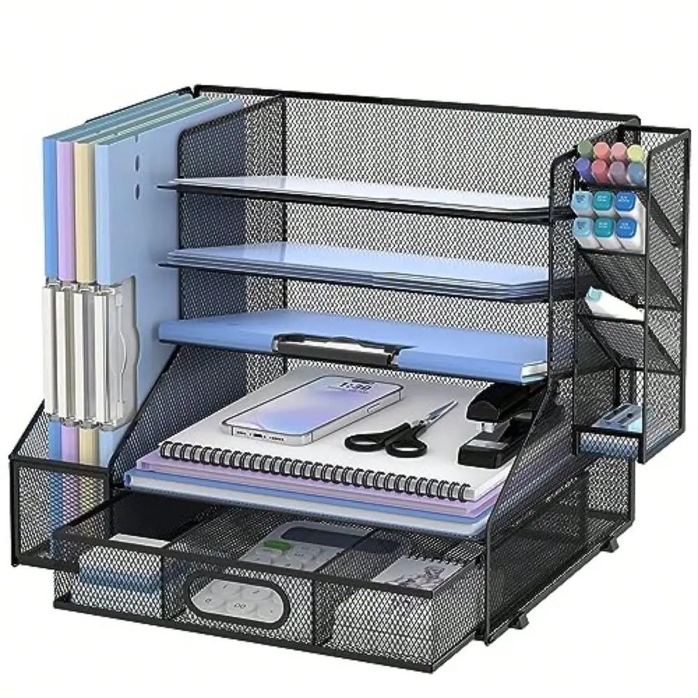 

Настольный органайзер с держателем для файлов, 5-уровневый сетчатый органайзер для бумаг и писем с держателем для ручек и выдвижным ящиком, настольный органайзер и система хранения.