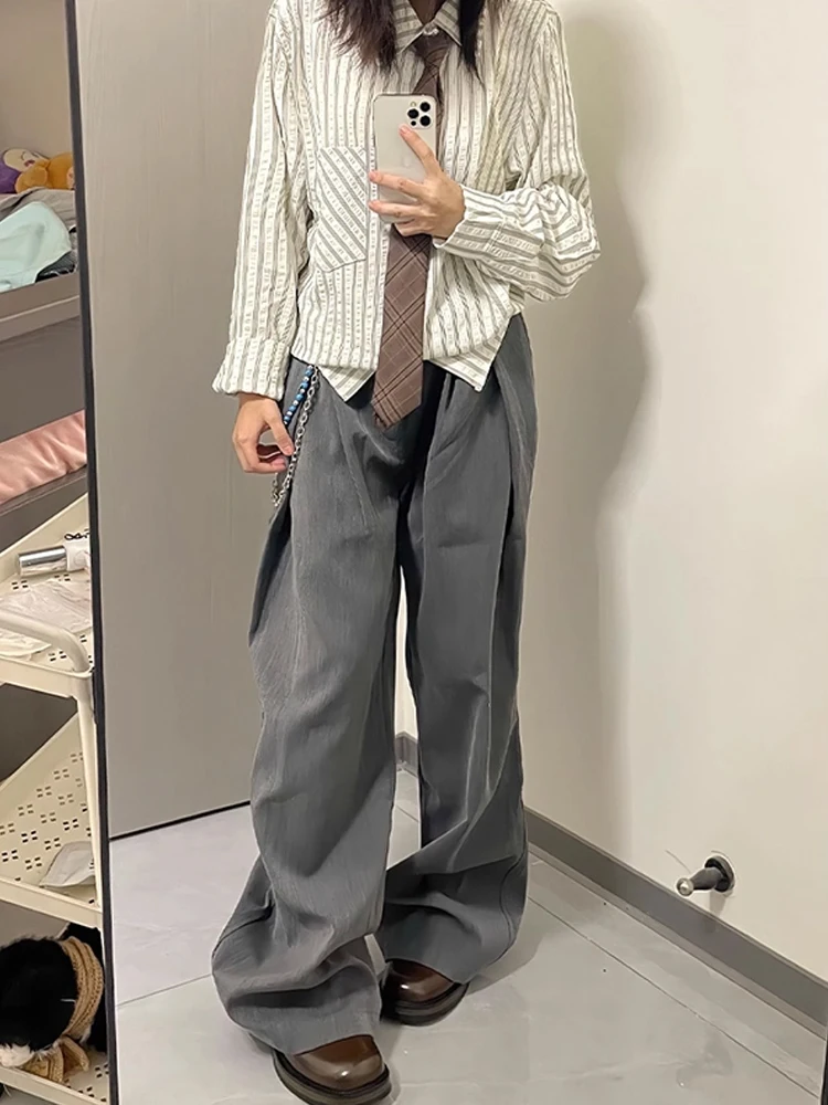 

Американские плиссированные широкие брюки, мужские утягивающие повседневные драпированные брюки с высокой талией, осенняя мода, прямые брюки из полиэфирного волокна...