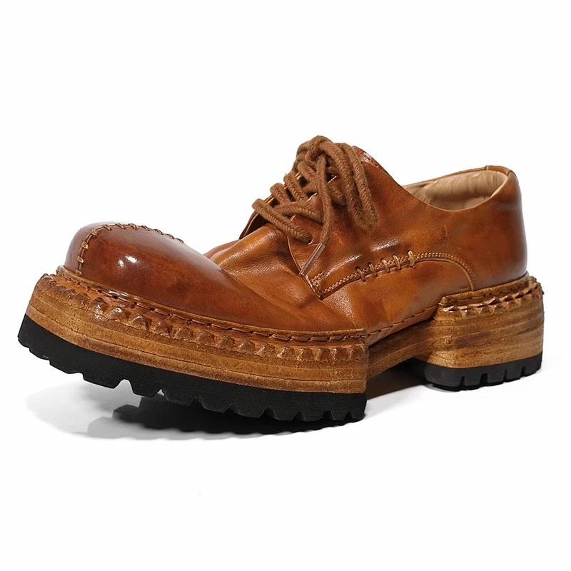 

British Style Genuine Leather Thick Sole Handmade Shoes Men's Fashion Derby Squar Toe Lace Up Work Dress Leather Shoes Male