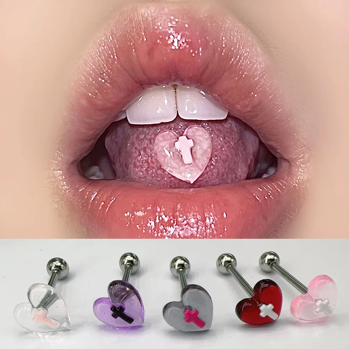 5 Colors Resin Love Cross New Tongue Nail Sweet Transparent Heart Stainless Steel Piercing Tongue Rings Jewelry Cute Accessories