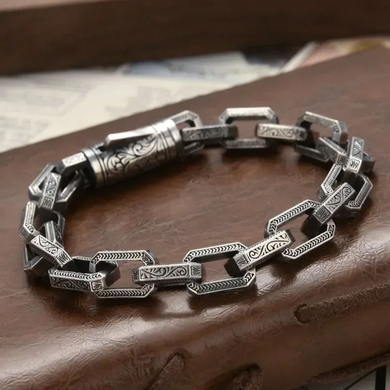 Silver Color New Rattan Grass Pattern Bracelet Creative Design Personalized Retro Handmade Aggressive Fashion Men's Jewelry