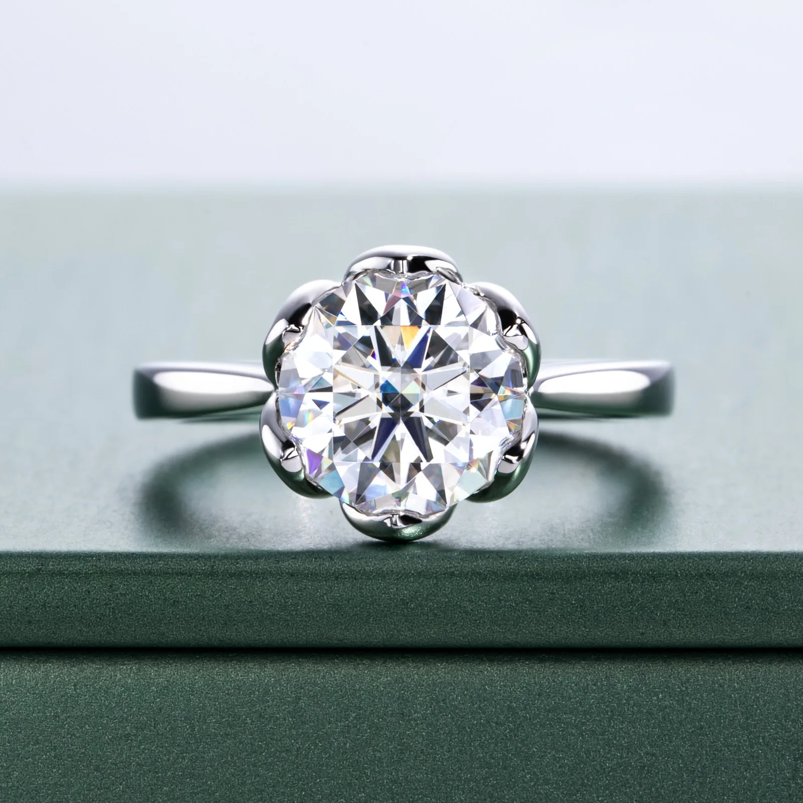 Carnica 9mm 3CT Stone Real Moissanite Ring Lotus for Women 100% S925 Sterling Silver Sparkling Wedding Band Jewelry GRA D Color
