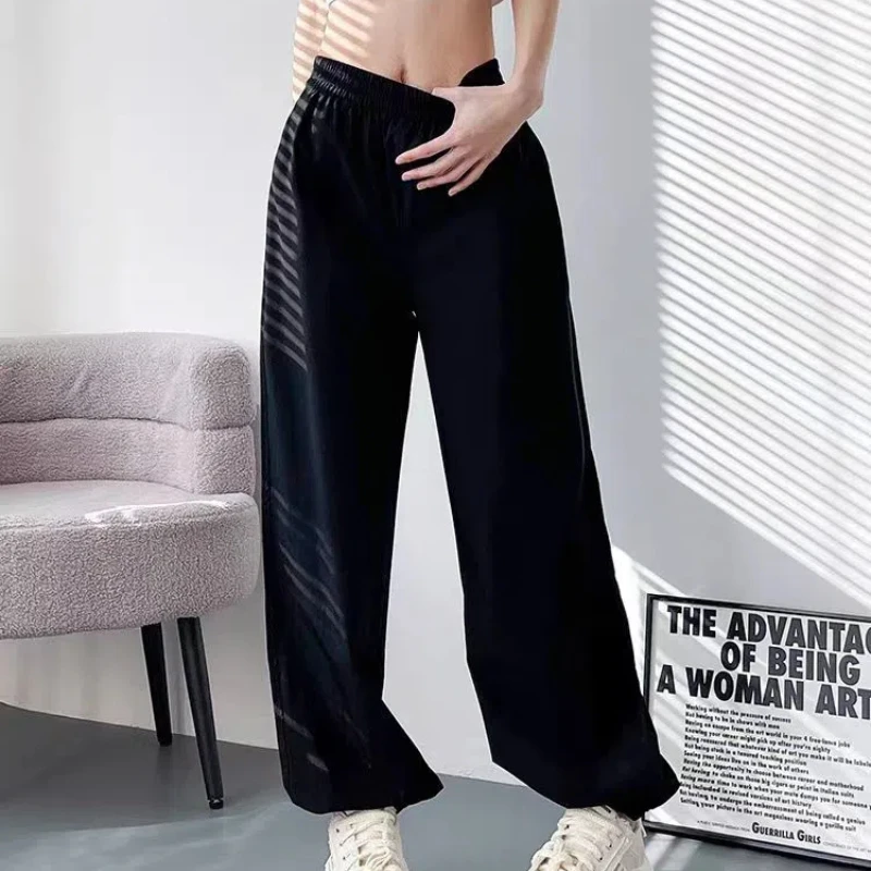 Summer Ice Silk 2024 Women's New Splicing Elasticized High-waisted Pocket Printed Fashion Loose Minimalist Casual Straight Pants