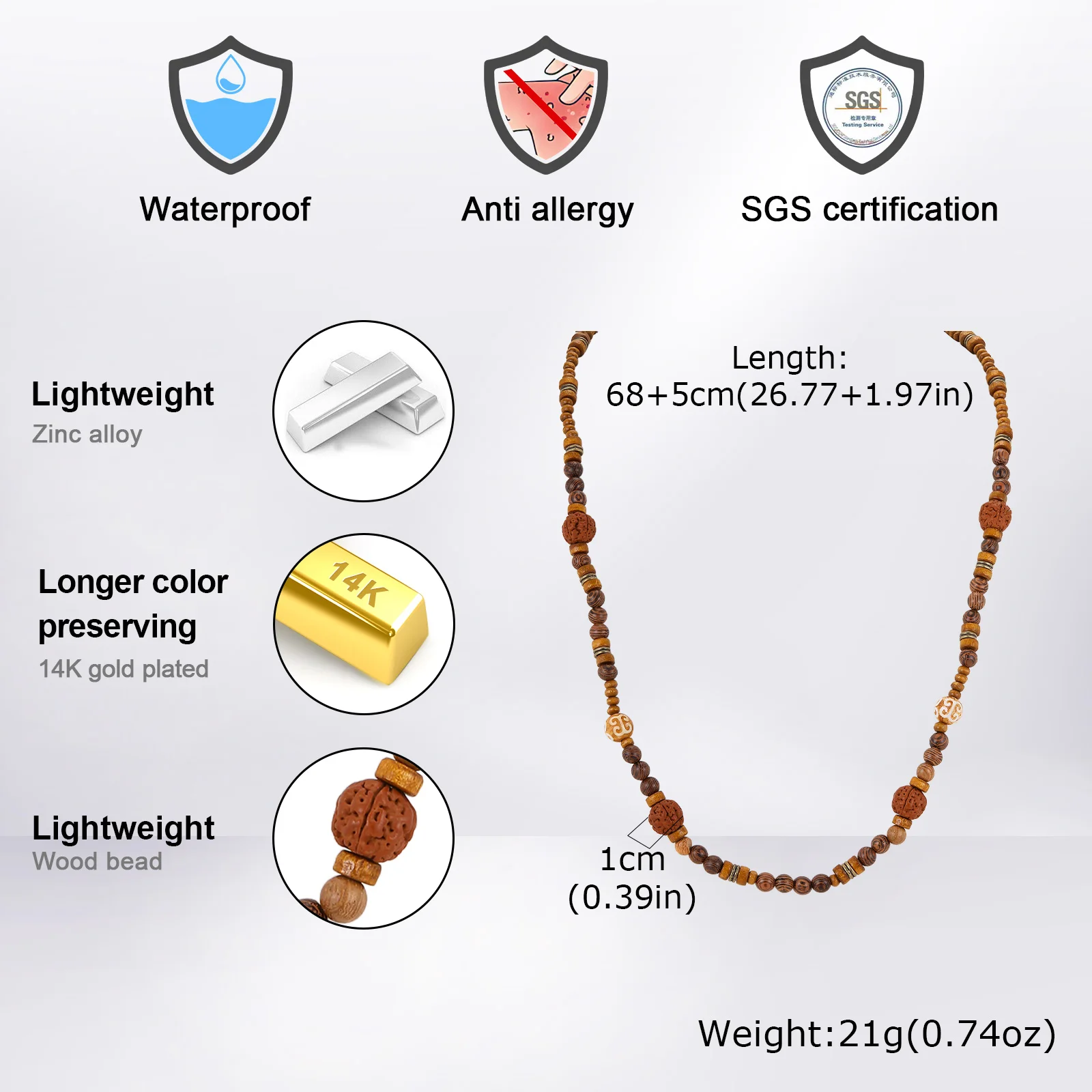 Fashion Walnut Wood Bead Necklace for Men, Adjustable Handmade Long Chain Stackable Necklace, Bohemian Jewelry Accessories - view 6