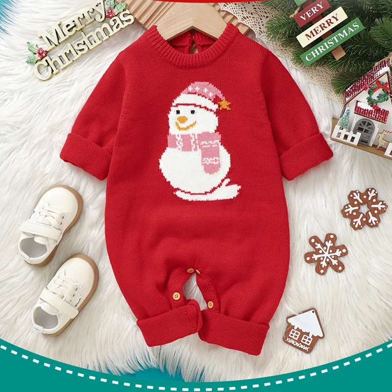 

Toddler Outwear Clothes Winter Newborn Christmas Rompers Red Reindeer Knit Infant Boys Girl Long Sleeve Cartoon Snowman Rompers