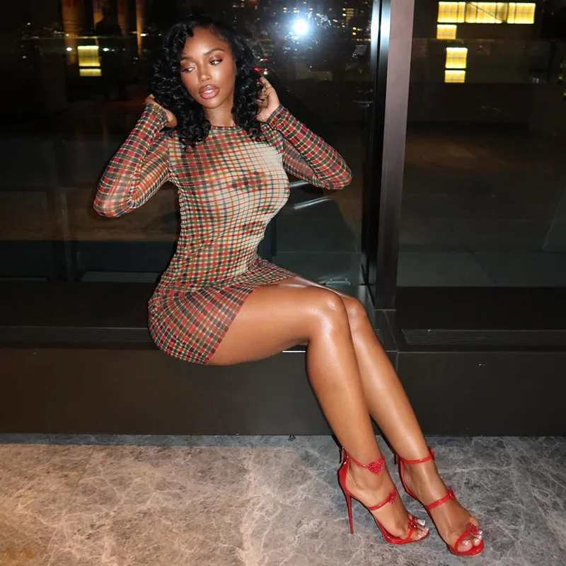 

Plaid Mini Dress Evening Club Wear Dresses 2025 Women Fall Winter Clothes Luxury Outfits Sexy Bodycon Party Dress