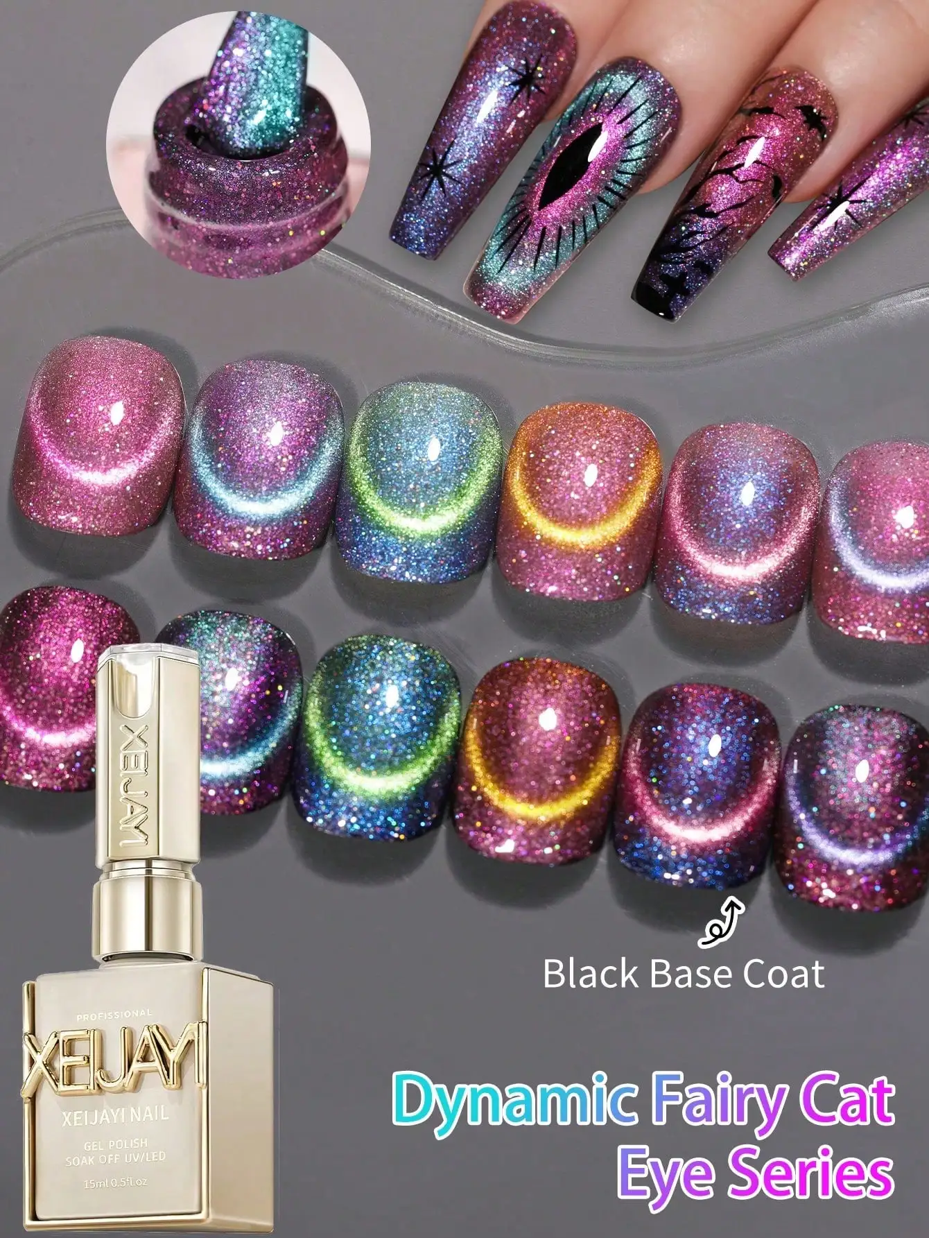 

6pcs Dynamic Fairy Cat Eye Gel Polish Kit - Magnetic & Color Shifting Nail Art with Black Base Coat, Sparkling Gradient Mania