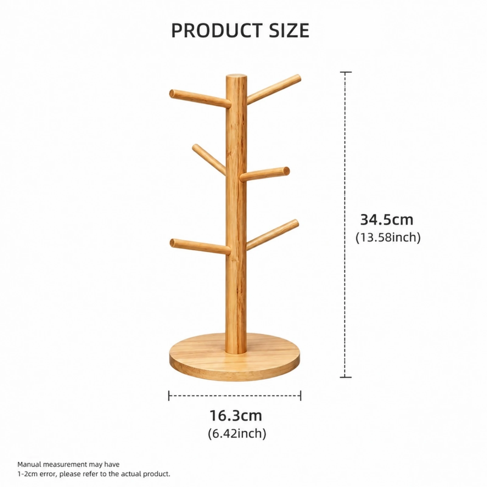 Soporte Organizador de Tazas de Bambú Natural con 6 Ganchos, Árbol Escurridor para Encimera de Cocina, Estante de Almacenamiento Vertical Ecológico y Estable, Medidas 16.3x34.5cm