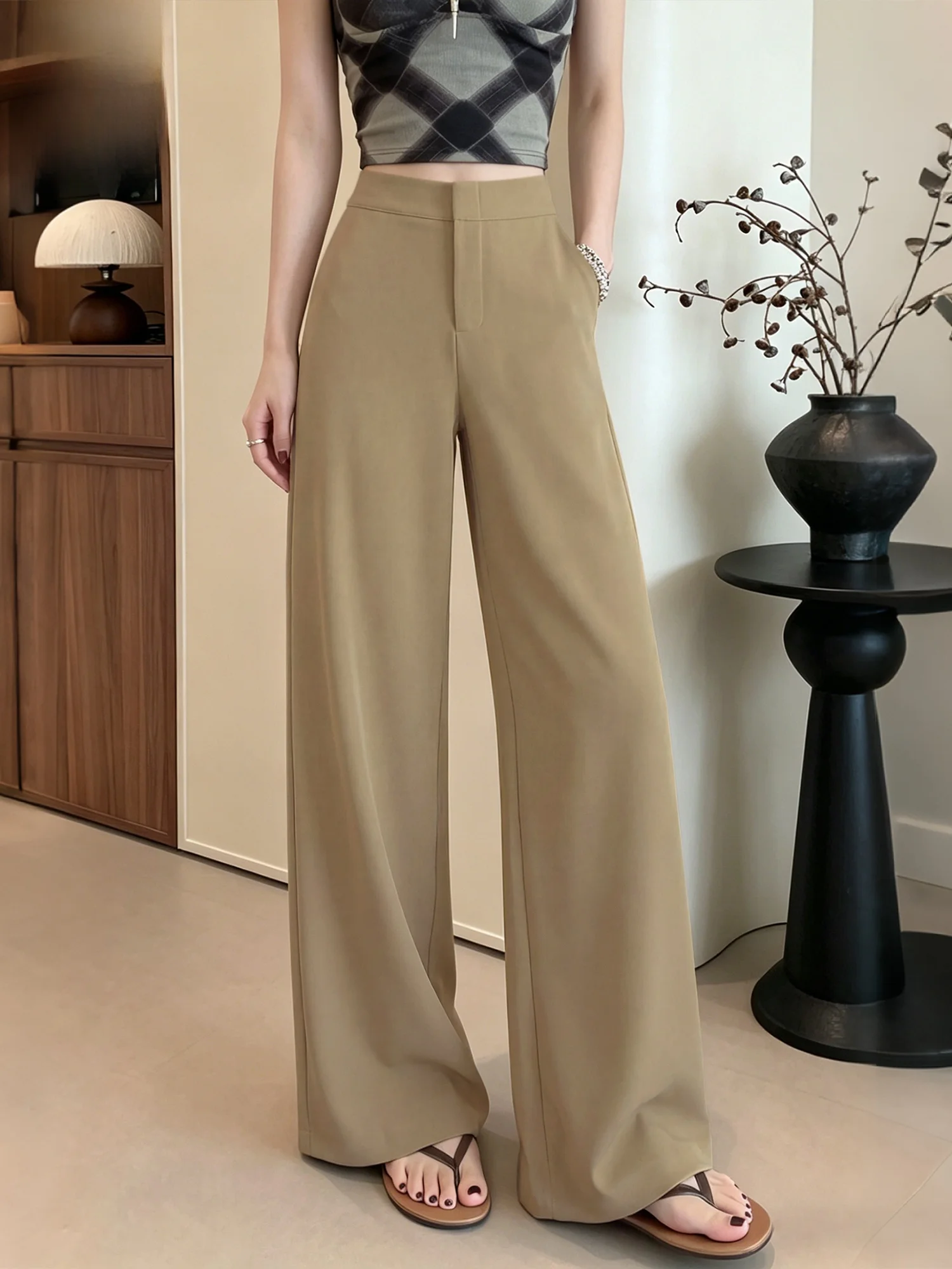 

Khaki Wide Leg Pants Women Summer Thin Drop High Waist Straight Cut Suit Pants Old Money Style Casual Trousers for Ladies