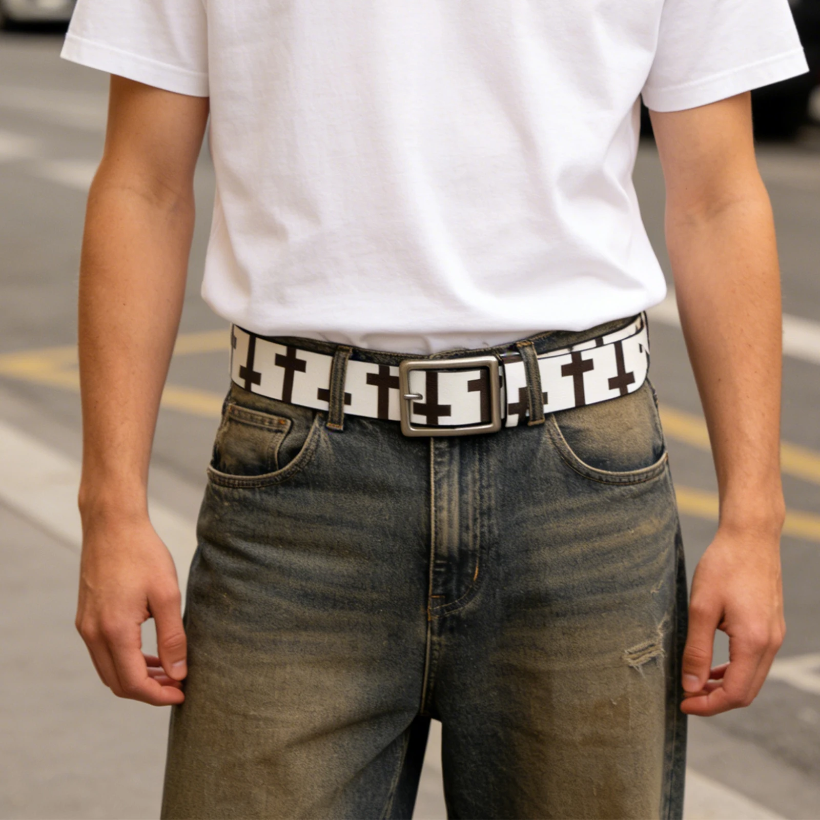 

Original Cross-Print Graffiti Wide Buckle Belt For Women men Vintage Y2K Top Quality Strap Female man For Jeans bb belt