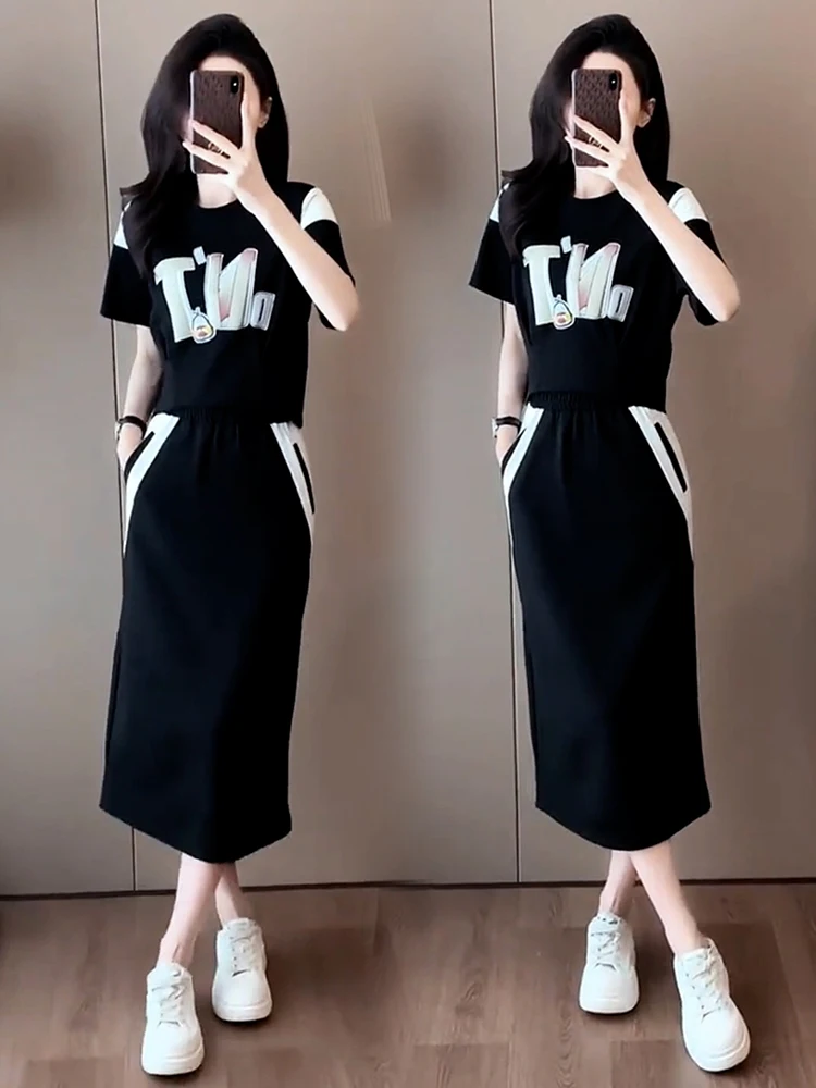 

Лето 2022, модный повседневный женский комплект из двух предметов, Sli f-юбка, ансамбль, топ против морщин, ор-Slee, круглый топ