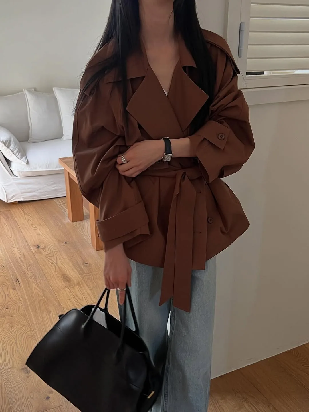 

Fashionable Retro Loose Coat with Belt And Large Collar Autumn New Arrival from Dongda Gate Korean Style Women's Outerwear