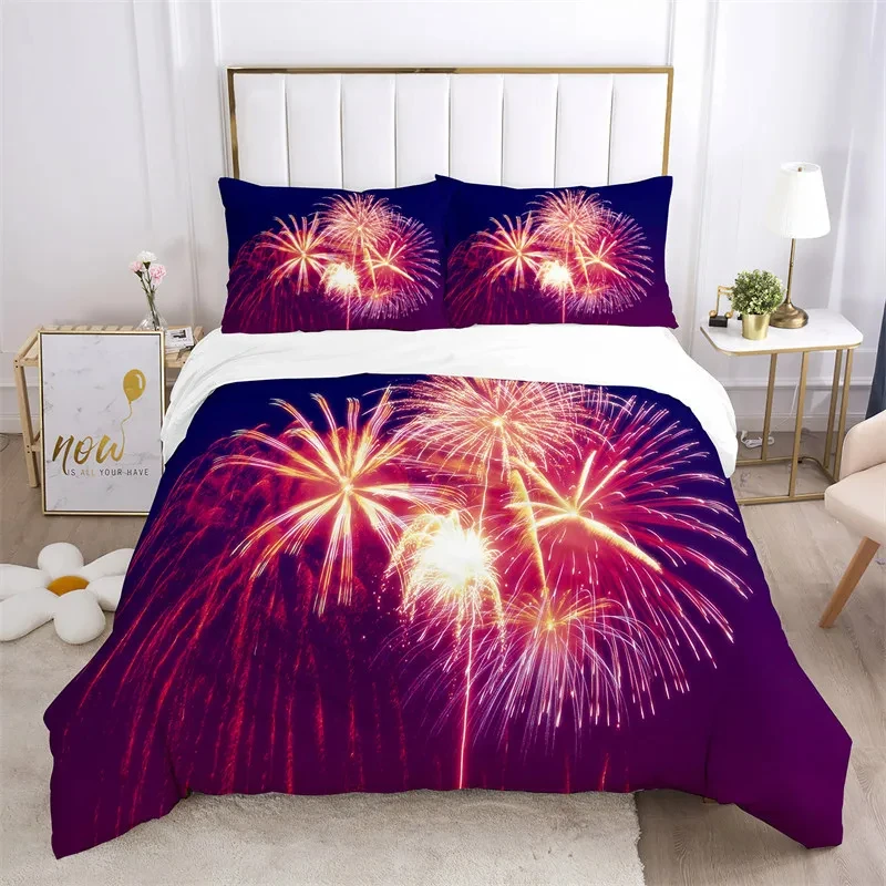 

Fireworks Bedding Set Colourful Fires Duvet Cover Celebrate Merry Christmas Theme Quilt Cover Queen for Adult Teens Kids Decor