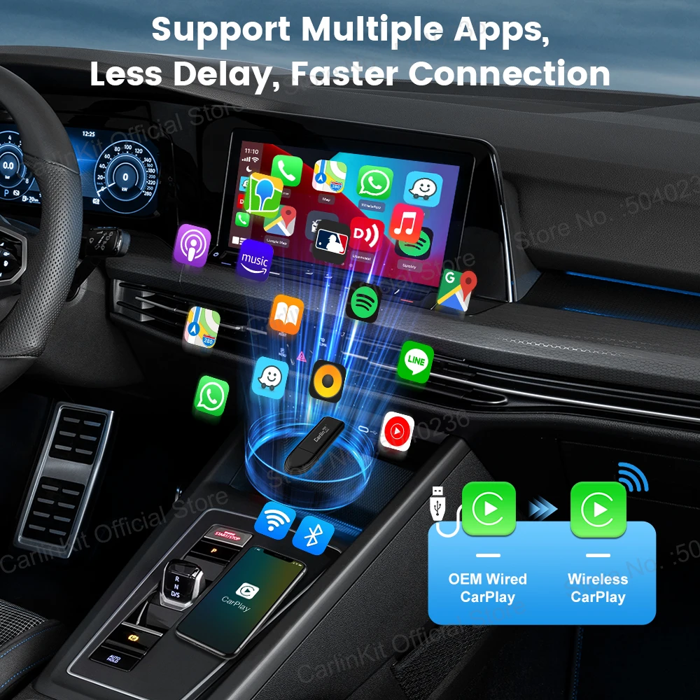 محول CarlinKit Mini 5 CarPlay USB اللاسلكي للتوصيل والتشغيل بشاشة مقسمة سلكية إلى لاسلكية لسيارات Benz وKia وVolvo وMazda وMG وFord وSkoda وToyota وما إلى ذلك.