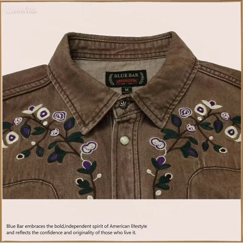

Non-RRL American Western Retro Long Sve irt Pure Cotton Embroidered Floral Thiened Spring Stand Fit Pointed Collar