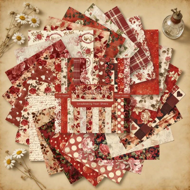 Elegant Crimson Red Floral Rose Plaid Heart Grunge Vintage Script Pattern Cardstock Scrapbook Paper Pad Handmade Decor DIY Craft