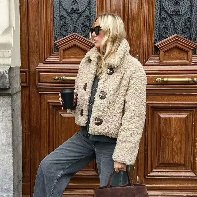 

Women's Fashion Street Style Solid Color Long Sleeve Lapel Single Breasted Jacket 2024 Winter Padded Warm Teddy Jacket