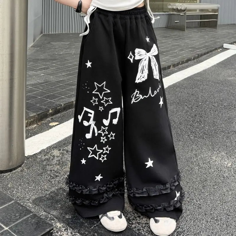 1 قطعة 2025 الصيف المراهقين الفتيات القماش مجموعة القوس اللؤلؤ الدانتيل تي شيرت المحاصيل الأعلى أو مشاعل فضفاضة طويلة واسعة الساق بانت طفل 4 8 10 12 14 سنة #4