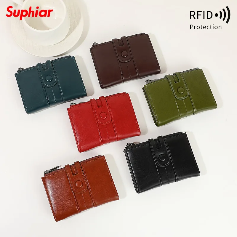 RFID Blocking Women Short Bifold Wallet PU Leather Snap Button Card Holder Zipper Coin Purse Multi‑Slots Female Small Purse For
