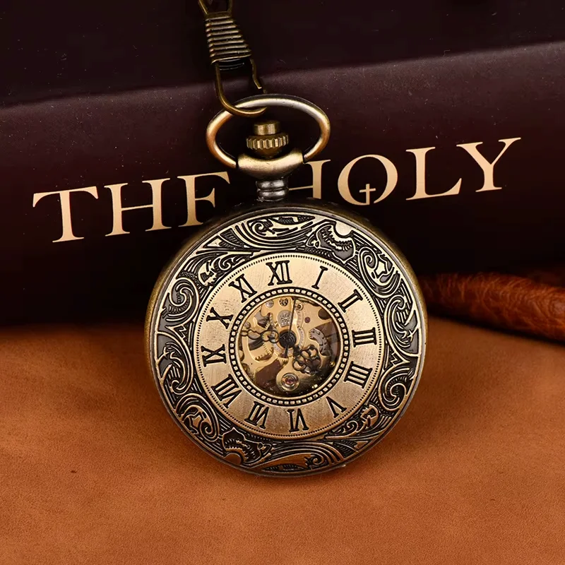 Large bronze Roman scale engraved lace pocket watch silver two face light double open mechanical watch