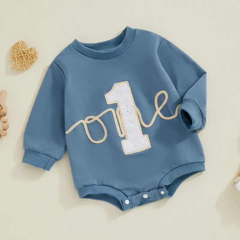 6 to 18 Months Baby First Birthday Bodysuit Spring Autumn Clothes Long Sleeve Crew Neck Letters Jumpsuit Baby Clothing