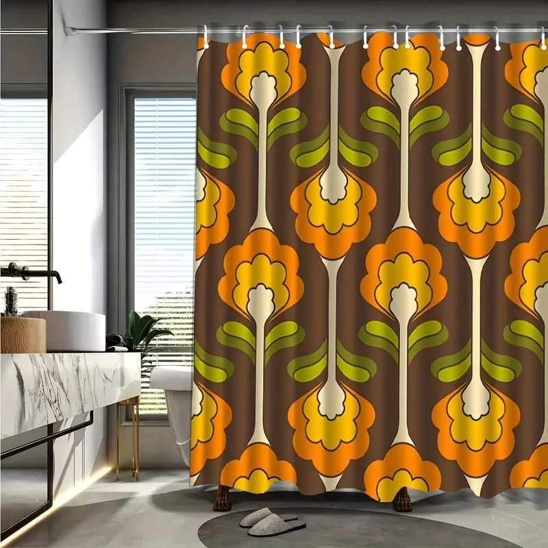 Waterproof Shower Curtain Liner Ornate Gold Bronze Orange Patterned Floral Design Bathroom Decor Curtain for Modern Tropical