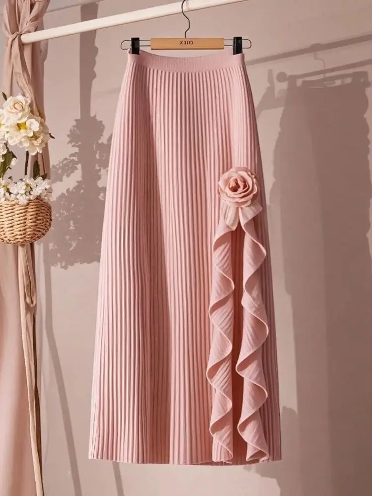 New French 3D Floral Ruffles Skirt Women Fashion Elegant High Waist Casual Solid Color Party Skirts Spring Summer Jupe