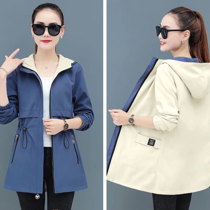 Abrigo con capucha para Mujer, gabardina para estudiante, gabardina para Mujer, gabardina para primavera y otoño, cortavientos medio largo de doble cara