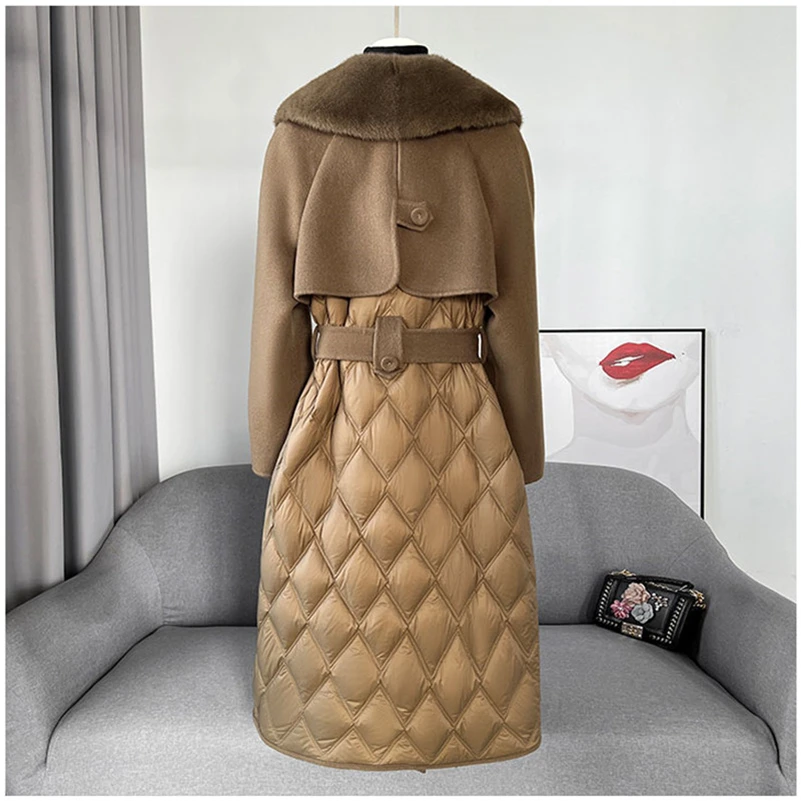 Aorice Women Luxury Winter Wool Fur Coat Jacket Femal Mink Fur Collar Coats Lady Long Over Size Down Lining  Parka Trench CT2153