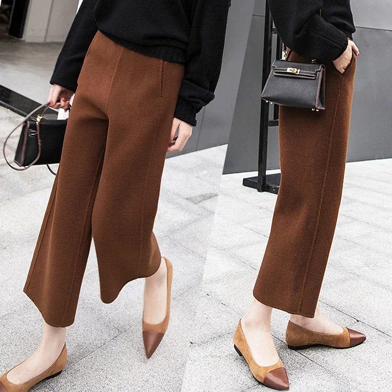 

Woolen Blend Wide Leg Pant Women Autumn Winter High Waist Ankle-Length Pants Office Lady Korean Baggy Pantalones Straight J177