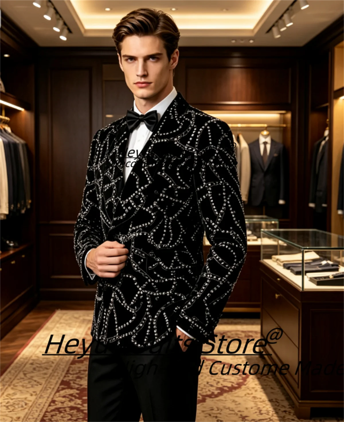 Shiny Rhinestone Men Suits Customized Luxurious  Double Breasted Groom Wedding Tuxedos 2 Pcs Sets Male Party Blazers Ropa Hombre