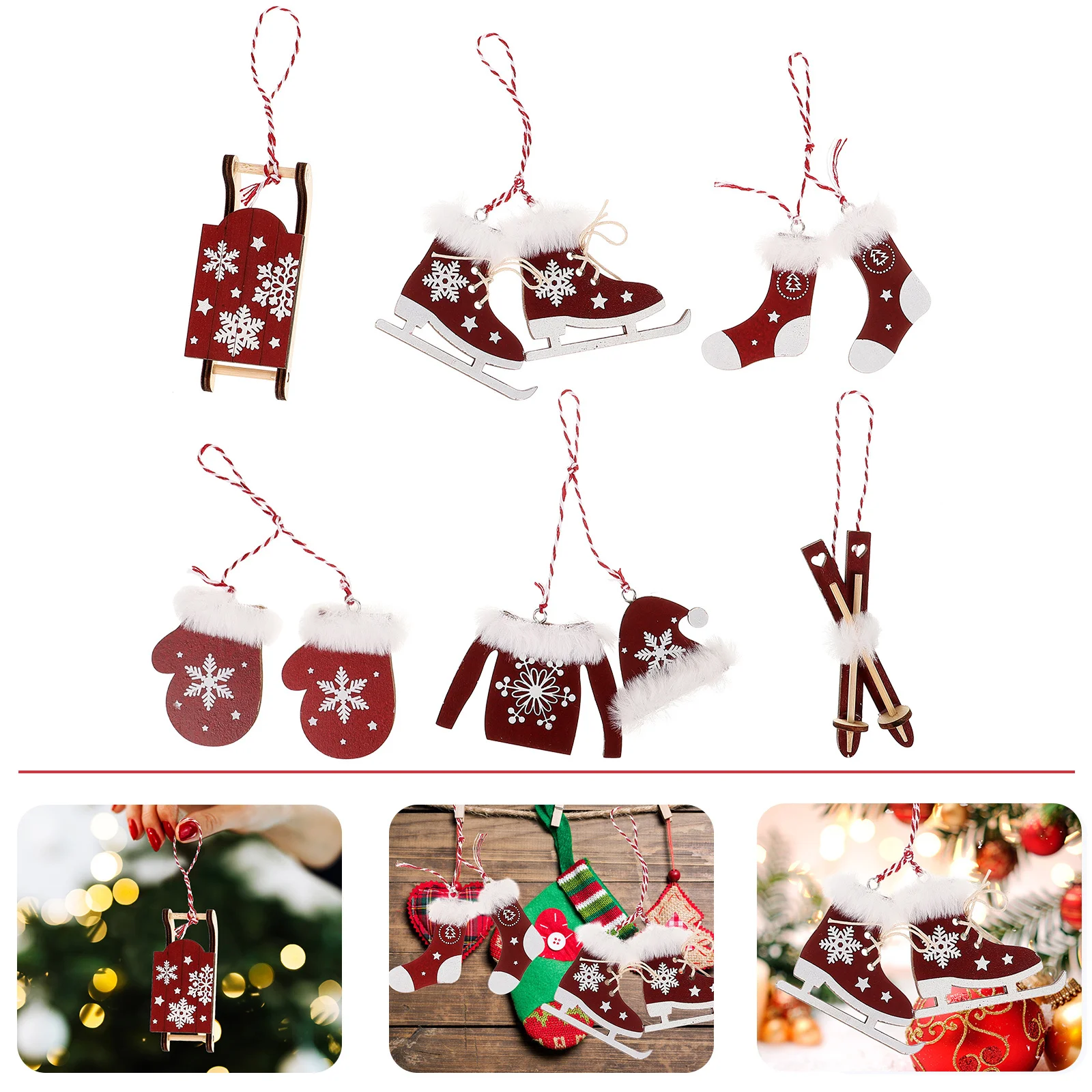 

6Pcs Ski Theme Christmas Hanging Ornaments Wooden Xmas Tree Decor Party Decorations Variety Pack Christmas Tree Ornaments