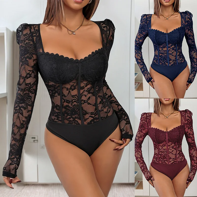 

Ele Sexy Lace Trim Jumpsuit Tight Square Collar Splice One-Piece Suit Long Sve Women's Faion Summer 2025 Bodycon Sle