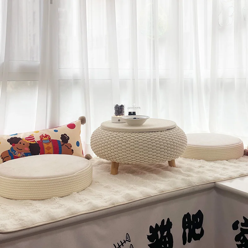 ‌Nordic Cream Bay Window Desk Mini Floor Table with Storage Ottoman Coffee Table for Small Balcony Low Japanese Style Tea Nook