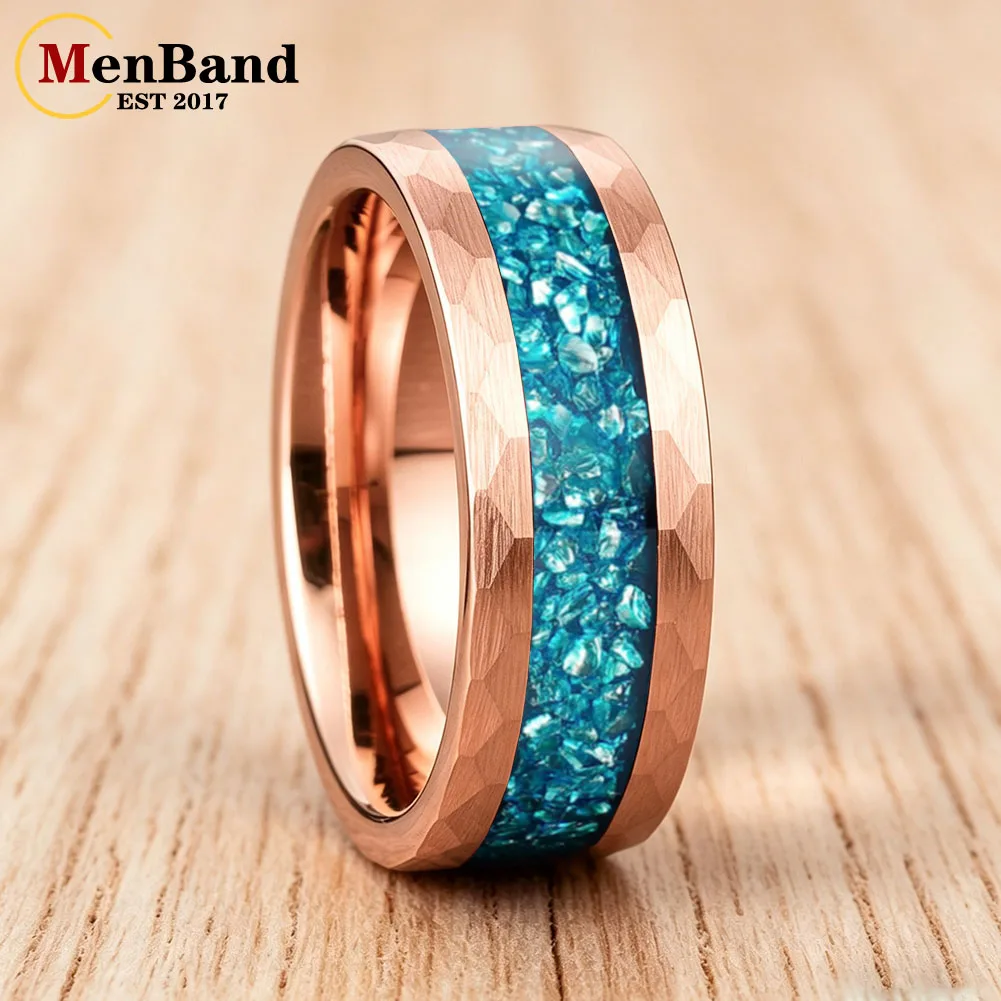 

Dropshipping 4MM 8MM Hammered Men and Women wedding ring Inlaid Blue Glass Stone，Couple's Ring, Engagement Party Jewelry Gift