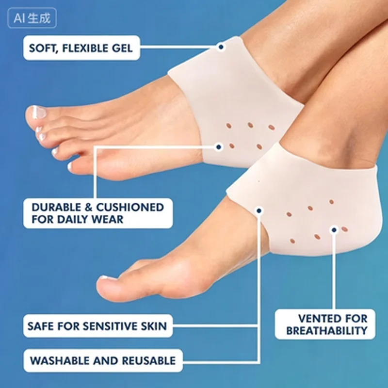 2Pairs Silicone Heel Protector Socks Woman Man Heel Spurs Dry Cracked Plantar Fasciitis Pain Relief Breathable Gel Heel Pads view 5