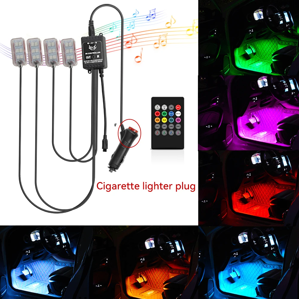 LED RGB Car Foot Ambient Light With USB/Cig Wireless Remote Voice Music APP Control Cigarette Lighter Car Footwell Lights
