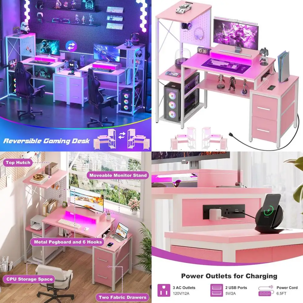 

Compact Gaming Desk with Fabric Drawers, Reversible Desk with Power Outlet and LED Lights, 49 Office Desk with Monitor Stand and
